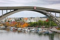 Risoy bridge over the river in the center of the town. Surrounded by traditional buildings, Haugesund, Norway