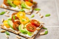 ÃÂ¡risp bread toast with cream cheese, fresh avocado, cherry tom Royalty Free Stock Photo