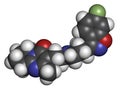 Risperidone antipsychotic drug molecule. Used in treatment of schizophrenia, bipolar disorder and related conditions.