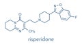 Risperidone antipsychotic drug molecule. Used in treatment of schizophrenia, bipolar disorder and related conditions. Skeletal. Royalty Free Stock Photo