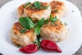 Rissole of minced chicken meat on a white plate with red pepper