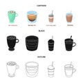 Ristretto, hot chocolate, latte take-away.Different types of coffee set collection icons in cartoon,black,outline style