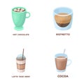 Ristretto, hot chocolate, latte take-away.Different types of coffee set collection icons in cartoon style vector symbol