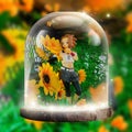 RITSU TAINAKA FIGURE standing in the glass bottle with sunflowers.