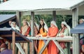 RITTER WEG, MOROZOVO, APRIL 2017: Beautiful ladies in medieval clothes stand in bed watching the tournament of Knights