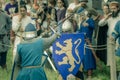 RITTER WEG, MOROZOVO, APRIL 2017: Festival of the European Middle Ages. Medieval joust knights in helmets and chain mail battle on