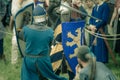 RITTER WEG, MOROZOVO, APRIL 2017: Festival of the European Middle Ages. Medieval joust knights in helmets and chain mail battle on
