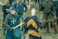 RITTER WEG, MOROZOVO, APRIL 2017: Festival of the European Middle Ages. Medieval joust knights in helmets and chain mail battle on