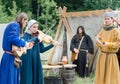 RITTER WEG, MOROZOVO, APRIL 2017: Medieval musicians outdoor play music instruments