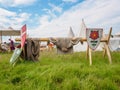 RITTER WEG, MOROZOVO, APRIL 2017: Outdoor scene of medieval way of life. Vintage protective knigts clothes hanging on Royalty Free Stock Photo