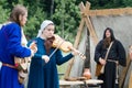 RITTER WEG, MOROZOVO, JUNE 2016: Medieval musicians outdoor play music instruments
