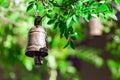 Ritual bell hanging from tree branch.