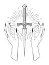 Ritual dagger in female hands with rays of light isolated on white background hand drawn vector illustration. Black work, flash ta