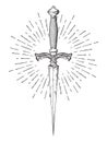 Ritual dagger with rays of light isolated on white background hand drawn vector illustration. Black work, flash tattoo or print de Royalty Free Stock Photo