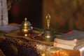 Ritual hand bell and dorje in the Buddhist temple Royalty Free Stock Photo