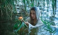 Ritual on a water, mermaid, bride woman in white