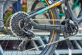Riva del Garda,Lago di Garda ,Italy - 29 April 2017:Bicycle gears, disc brake and rear derailleur on display at Expo Ziener BIKE Royalty Free Stock Photo