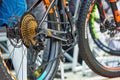 Riva del Garda,Lago di Garda ,Italy - 29 April 2017:Bicycle gears, disc brake and rear derailleur on display at Expo Ziener BIKE Royalty Free Stock Photo