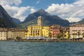 Riva del Garda, Lake Garda, Italy, August 2019, view of the lake and town and hotel sole Royalty Free Stock Photo