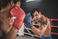 Two kickboxers fighting on a boxing ring and looking aggressive Royalty Free Stock Photo