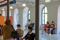 Italy: students queuing to receive the dose of anti-covid vaccine in a vaccination center before the start of school