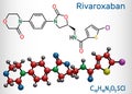 Rivaroxaban molecule. It is an anticoagulant and the orally active direct factor Xa inhibitor. Structural chemical formula and Royalty Free Stock Photo