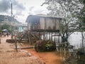 The River Amazon and houses on stilts on the river bank, a traditional Brazilian way to live near the river.