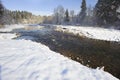 River Ammer in Bavaria at cold winter day with snow