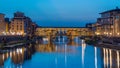 River Arno and famous bridge Ponte Vecchio day to night timelapse after sunset from Ponte alle Grazie in Florence Royalty Free Stock Photo