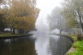 River during Autumn in Cambridge during fog Royalty Free Stock Photo
