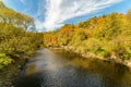 River in autumn with old broken weir, trees and rock on sides