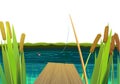 River bank for recreation and fishing. Cute summer rural landscape with water. Pier and fishing rod. Current and waves