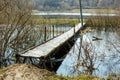 River bank in spring. A small pedestrian bridge across the river Royalty Free Stock Photo