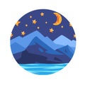 River banks in mountain forest with sky night full of stars illustration in cartoon circle