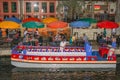 A river barge getting ready for a dinner cruise on the River Walk in San Antonio Texas USA 10 18 2012