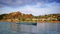 River Barge on the Rhine River with Ehrenbreitstein Fortress in the background.