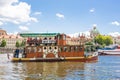 PRAGUE, CZECH REPUBLIC - JUNE 7, 2017: River boat cruise to Charel`s bridge and Vltava, Prague, Czech Republic