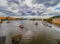 PRAGUE, CZECH REPUBLIC - SEPTEMBER 6, 2017. River boat cruise to Charles bridge and Vltava, Prague, Czech Republic Royalty Free Stock Photo