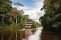 river boat cruising through the dense amazon jungle, with trees towering overhead Royalty Free Stock Photo
