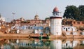 River boats moored to the old indian city ghat Royalty Free Stock Photo