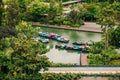 River with boats on it surrounded by greenery in the Gardens by the Bay in Singapore Royalty Free Stock Photo