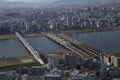 River, Bridge and View of Osaka from the Umeda Building at sunset on a sunny day