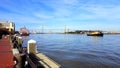 River with Bridge view, Tugboat and Ferry