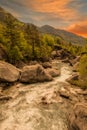 The river in broto at sunset, pyrenees, ordesa Royalty Free Stock Photo