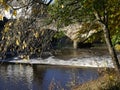 The River Calder with the bridge across it in Padiham Town Centre.