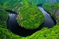 River canyon with dark water and summer green forest. Horseshoe bend, Vltava river, Czech republic. Beautiful landscape with river