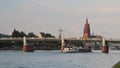 River, cargoship and UntermainbrÃÂ¼cke Bridge. Frankfurt am Main, Germany