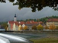 River cascade of historic town Landsberg am Lech at fall