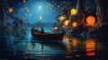 river festival celebration light night lamp boat travel water lantern. Generative AI. Royalty Free Stock Photo
