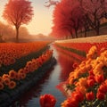 A beautiful river with cherry blossom tulips and sunflowers, turning their heads to follow the path of the sun,AI generated